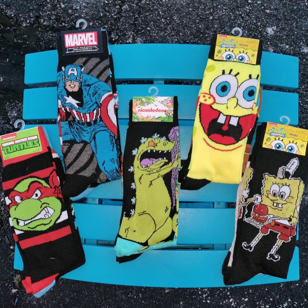 Marvel & Nick | 5 Packs Cartoon Socks Ninja Turtles, Marvel, SpongeBob, Rugrats